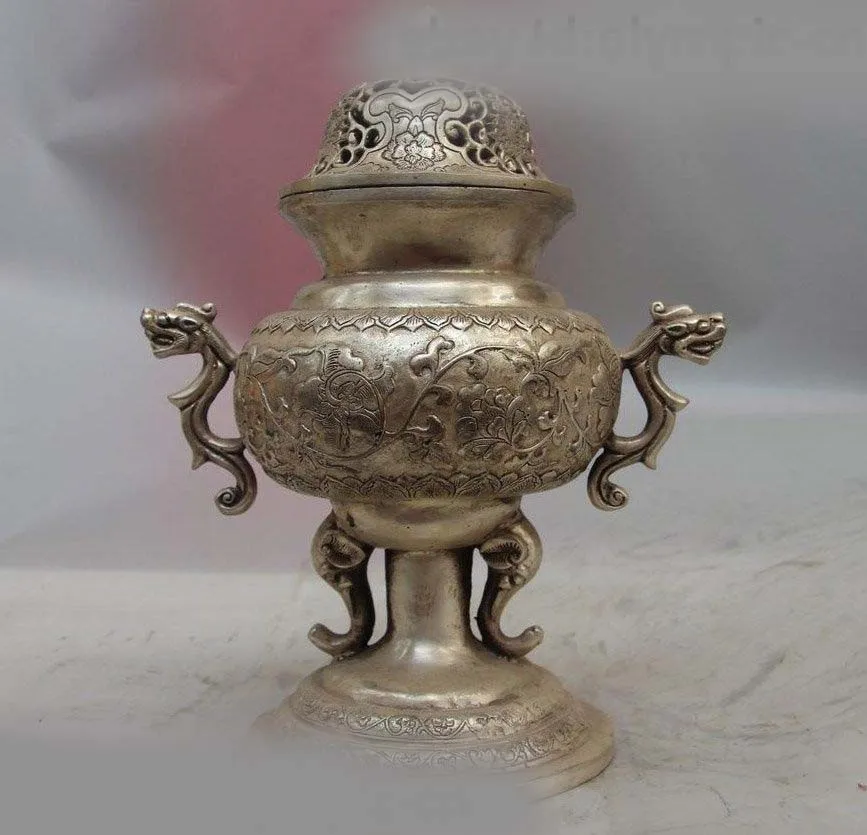 

10" China Tibet Silver Beast Dragon Elephant Head Incense Burner Censer Statue