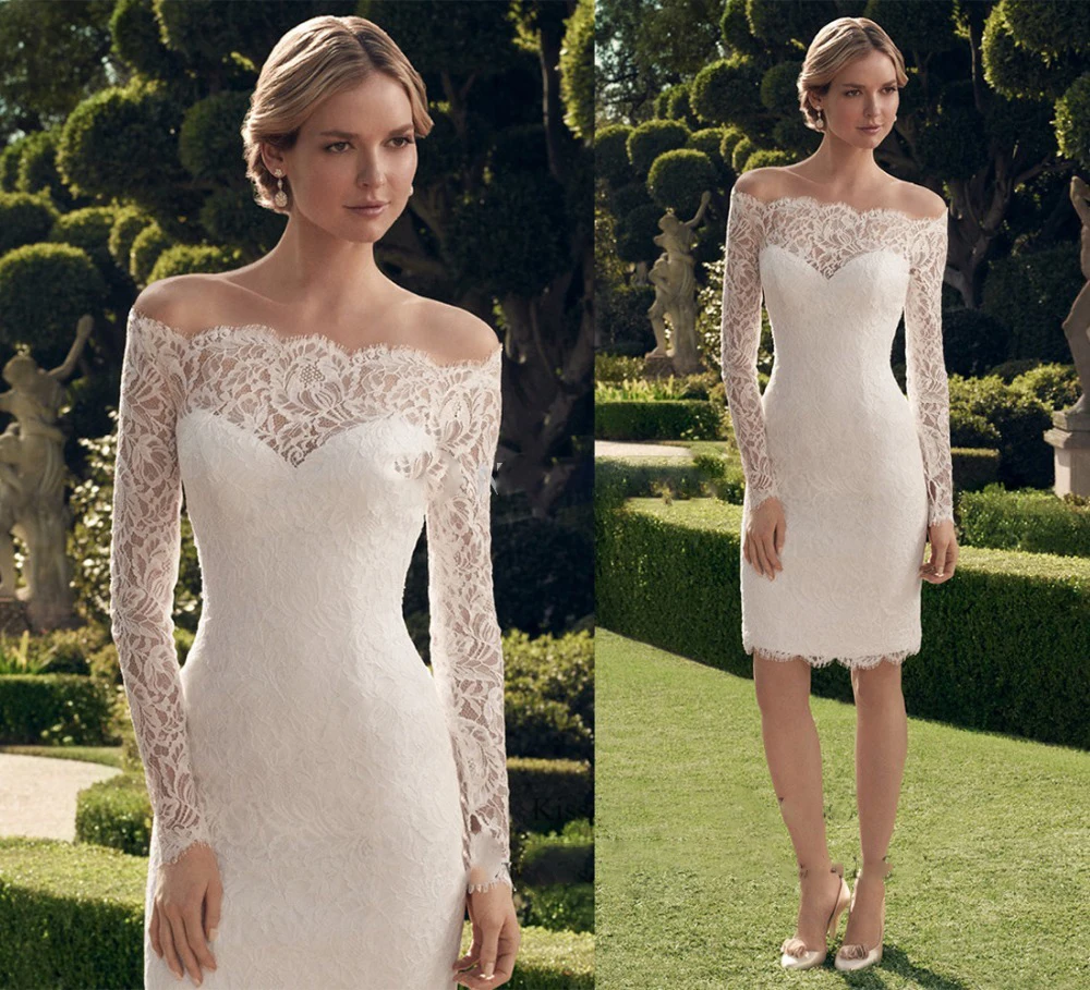 

2019 New Fashion Women Short Wedding Dress Lace Long Sleeve Bride Dresses Knee Length Modest Wedding Gowns