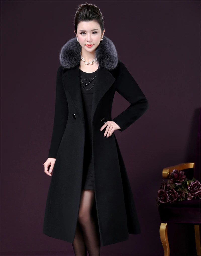 Зимняя новая Длинная шерстяная куртка с меховым воротником и лисьим мехом, куртка для женщин, осенне-зимняя модная Офисная Женская хлопковая куртка, B520