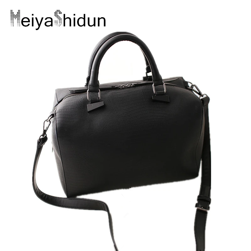 MeiyaShidun Casual Women Handbags Crocodile Boston Leather Bag Tote shoulder Messenger Bags Snake Embossing Designe Black