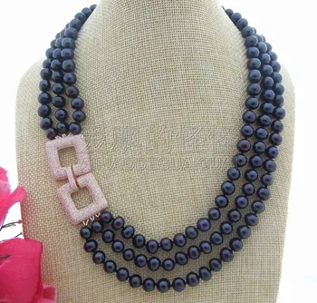 

N042905 3Strands Black Pearl Necklace CZ Connector