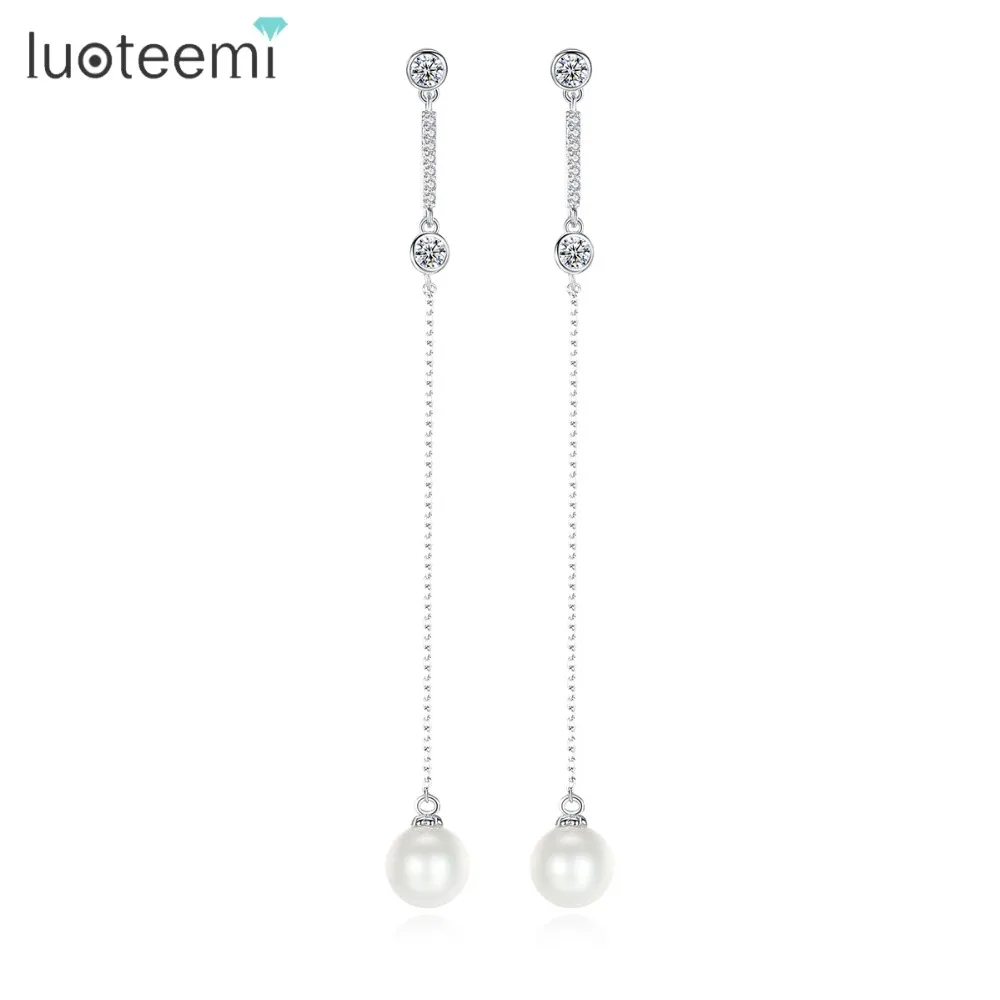 Luoteemi OL стильная длинная цепь с Белым Круглым жемчугом Висячие серьги для женщин