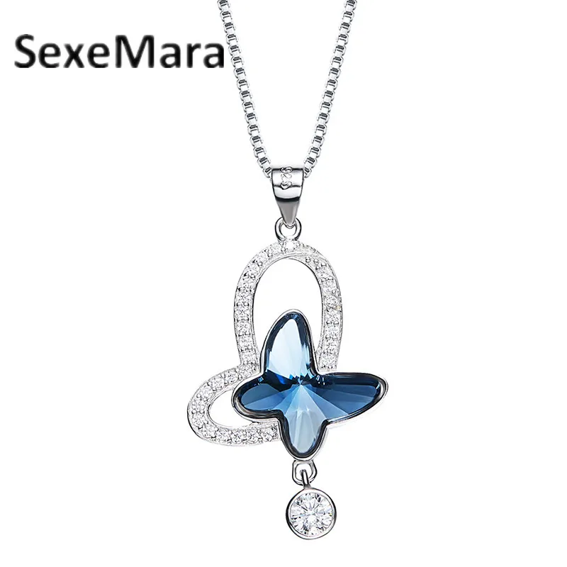 

Crystal Women's Necklace Silver 925 Jewelry Blue Butterfly Fashion Woman Pendants Choker Chain Jewelery 2018