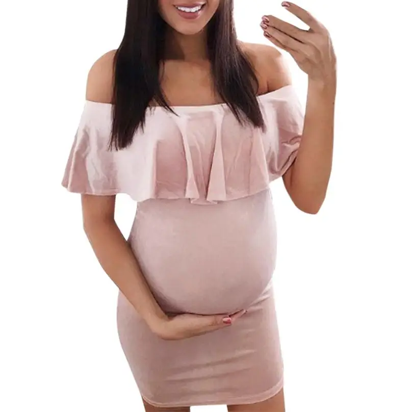 

Pregnant Dress Lace Fashion Off Shoulder Ruffles Solid Nursing Maternity Pregnant Women Dress 18Jun29