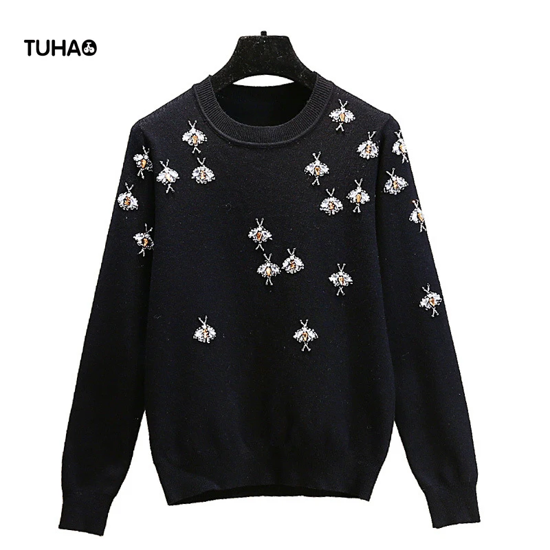 

TUHAO Tide Sweater Female Luxury Style Diamonds Beaded Bee Sweater for Ladies Slim Fit Long Sleeve Casual Pullover Tops T70415