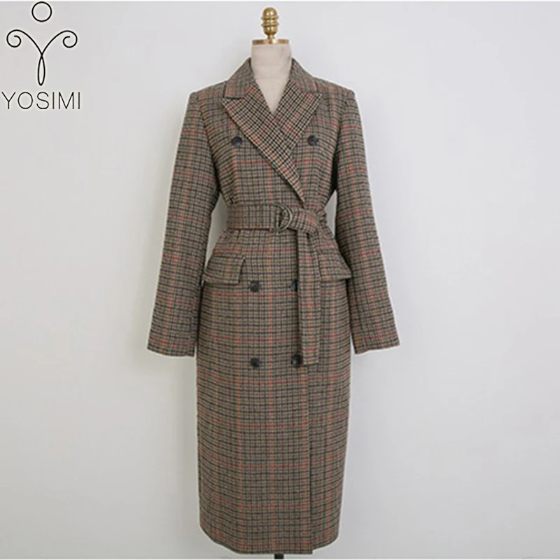 YOSIMI Autumn Winter Long Women Woolen Coat Turn-down Collar Outwear Clothing Wide-waisted Belt Female Costume Gray For Women