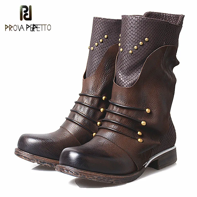 

Prova Perfetto England Style Elegant Patchwork Rivets Short Boots Fashion Genuine Leather Zipper-side Woman Martin Boots