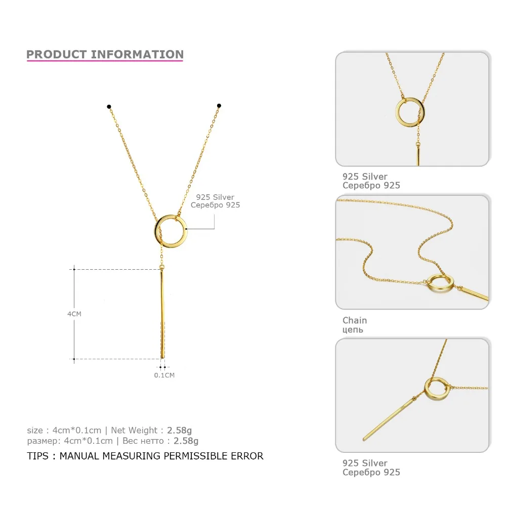 e-Manco 925 Sterling Silver Long Pendant Stick Simple Necklace Minimalist & Romantic Stylish Fine Jewelry Gifts For Women