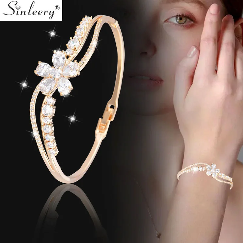 

SINLEERY 2019 AAA Cubic Zirconia Crystal Flower Bracelet Bangle Cuff For Women Gold Color Bridal Wedding Jewelry CZ029 SSH