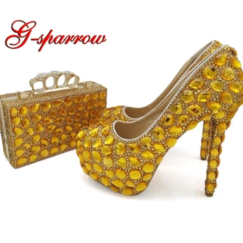 

2018 Handmade Gold Rhinestone Woman Pumps with Clutch Bag 5 Inches High Heels Wedding Party Shoes with Purse Big Size 10 11 12