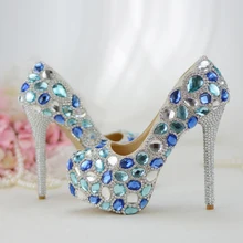 Женская свадебная обувь; свадебные туфли на высоком каблуке; вечерние туфли ручной работы с синими кристаллами; туфли-лодочки на тонком каблуке; модная женская обувь для сцены