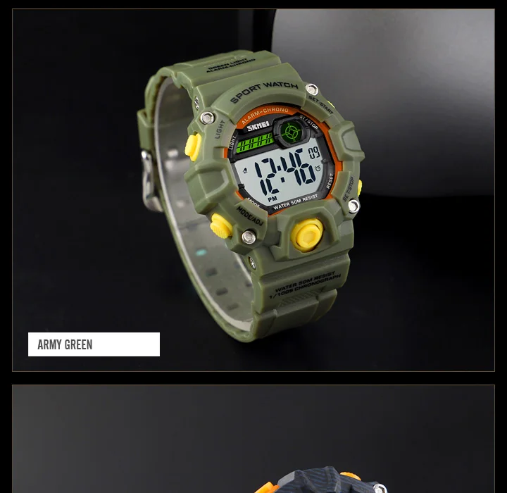 SKMEI детские спортивные часы, модный светодиодный цифровой Кварцевые часы для детей, для мальчиков и девочек, 50 м, водонепроницаемые спортивные наручные часы
