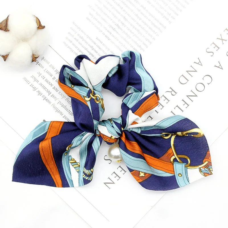 

Chiffon Floral Printed Bowknot Silk Hair Scrunchies Women Pearls Ponytail Holder Hair Tie Hair Rope Hair Accessories for Girls