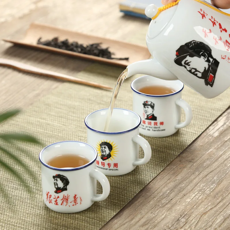 Classic nostalgic ceramics tea set 1 pot 6cup,retro imitation enamel teapot cup Chairman Mao pattern Drinkware Tea ceremony