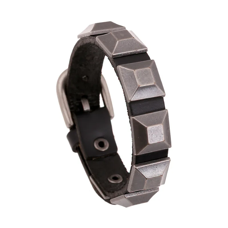 

Boho Gypsy Hippie Hiphop Punk Brown Black Real Leather Pump Square Rivets Charm Wrap Big Wide Adjustable Unisex Bracelet Man