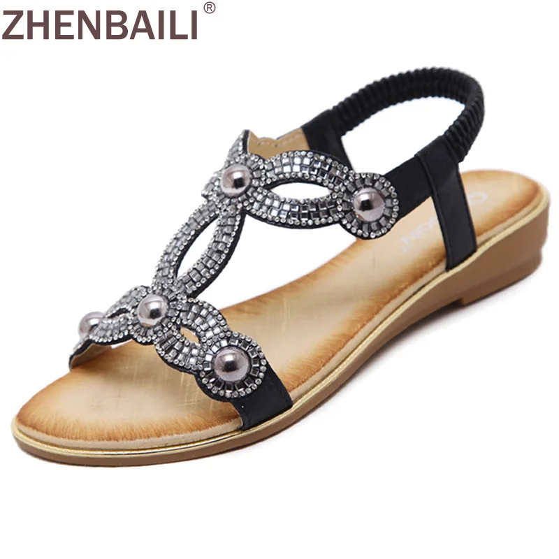 

ZHENBAILI 35-42 Plus Size New Fashion Sandals Flower Rhinestone Luxury Diamond High Quality Ladies Sandals