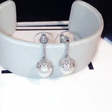 

TYME 2017 Gorgeous cubic zirconia drop earrings for women wite simulated pearl dangle earrings wedding bride earrings orecchini