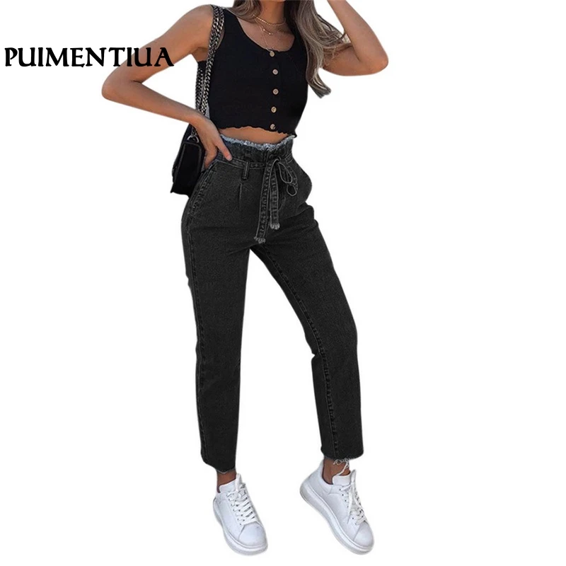 Puimentiua 2019 демисезонный для женщин джинсы для Высокая талия отделка Slim Fit деним узкие брюки с поясом ремень Femme Повседневные