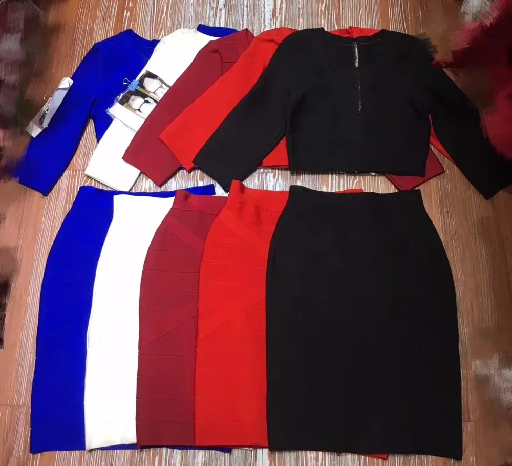 Сексуальное платье миди с рукавом, красный, синий, белый, Женский комплект 2 шт., из двух частей, обтягивающие наряды, бандажные платья