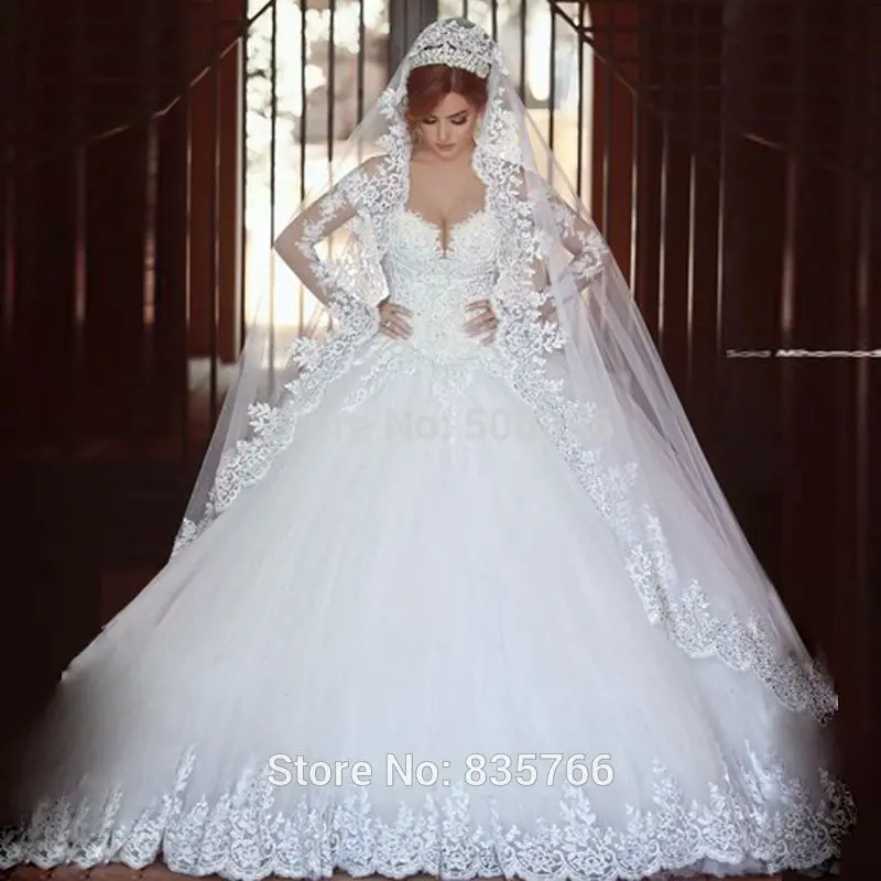 

2019 Hot Sale Long Sleeves Vintage Princess Wedding Gown Lace Bridal Gowns with beading robe de mariage abiti da sposa