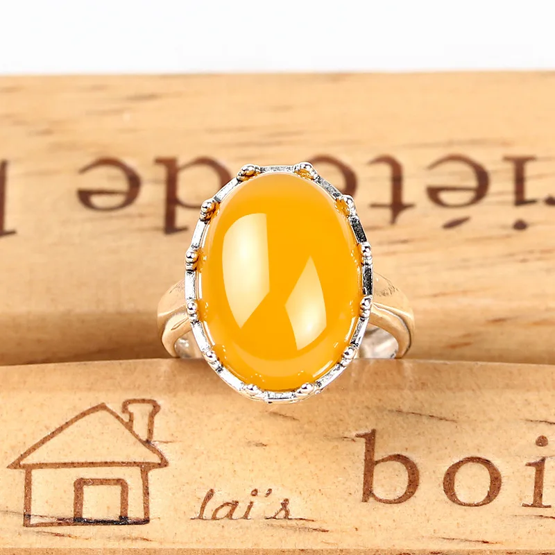 

Simple 925 Silver Oval Ring Natural Yellow Chalcedony 100% Pure S925 Sterling Solid Silver Rings for Women Jewelry Adjustable