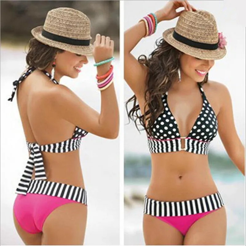 

Plus size swimsuits 2019 polka dot tops bikinis pink black swimwear zebra striped bottoms bathing suits high waist swimming wear