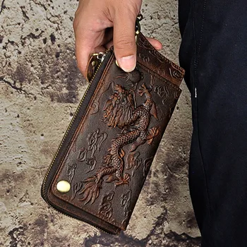 

Genuine Leather Handy Bifold Wallet Cash Male Clutch Bag Animal Pattern ID Card Holder Crazy Horse Cowhide Men Long Wrist Purse