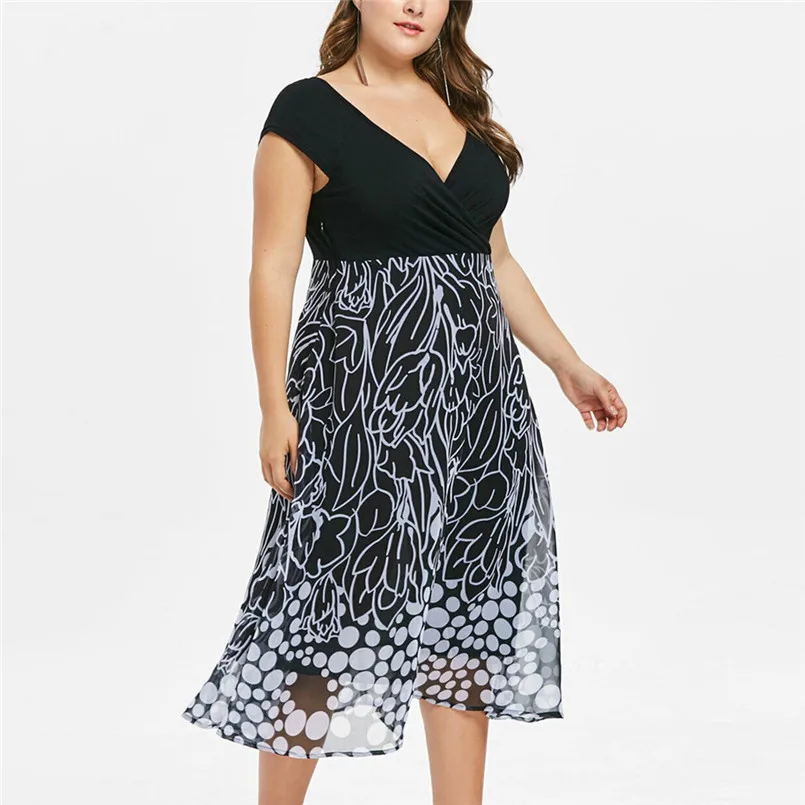 XL-5XL Fashion Women Plus Size V-Neck Casual Short Sleeve Pots Printed Cross Dress Lovely Ladies Loose Dress 40MA25 (10)