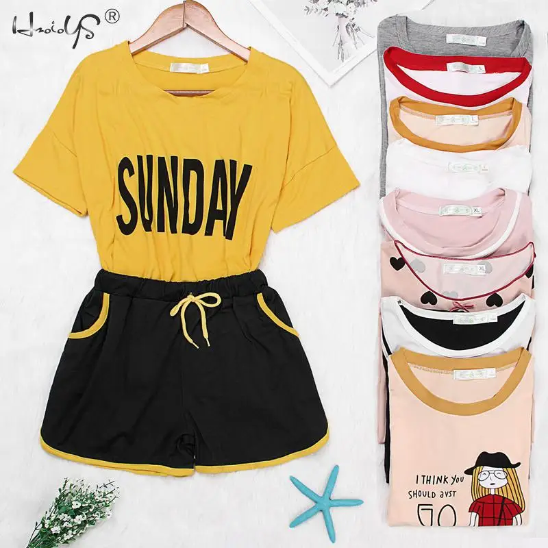 

Summer Women Pajama Sets 2019 Pajamas Cartoon Short Sleeve T shirt + Shorts Women Sleepwear Cute Animal Print Female Homewear