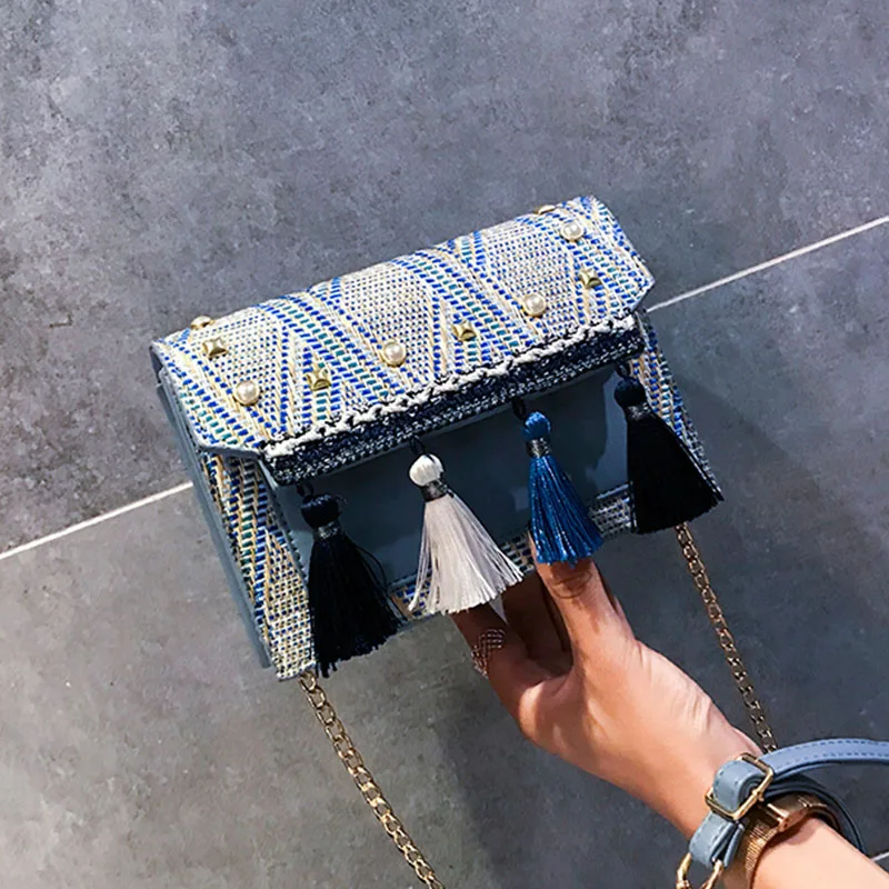 Women Fashion Pearl Straw Bags Bohemian Female Summer Tassel Handbag Lady Travel Knit Shoulder Bag Beach Chains Crossbody SS3282 (13)