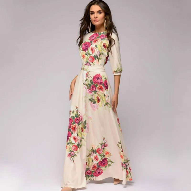 

Women Bodycon Flowers Print Dress 2019 Autumn 3/4 Lantern Sleeve Slim Party Elegant Dress Boho Casual Long Dresses Vestidos Sexy