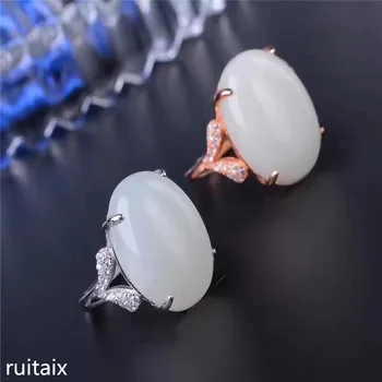 

KJJEAXCMY fine jewelry 925 sterling silver inlaid with natural hetian jade ring jewelry feather smooth curve