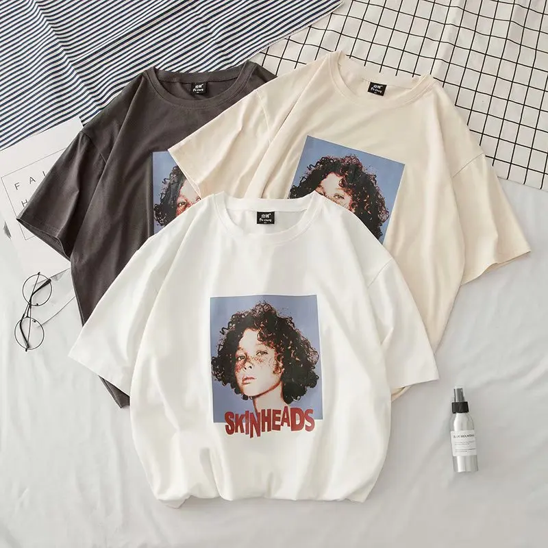 

Summer short-sleeved T-shirt men's round neck loose BF wind ins trend personality printing youth five-point sleeve T-shirt