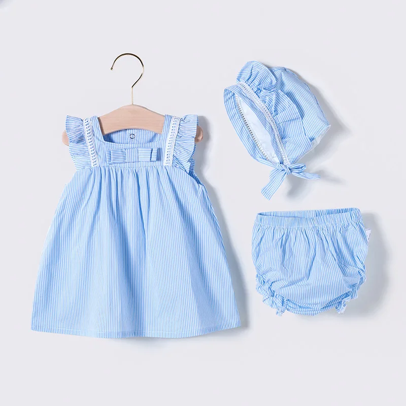 

Newborn Baby Girls Blue Stripe Clothes Set Kids Summer Cotton Cute Flying Sleeve Ruffled Princess Dress Hat Shorts 3 Pcs Set