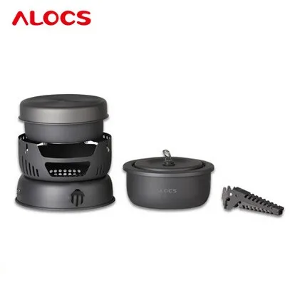 

ALOCS 10Pcs Portable Outdoor Camping Cooking Set Cookware 2-4 Persons Picnic Pots Pan Alcohol Stove CW-C05