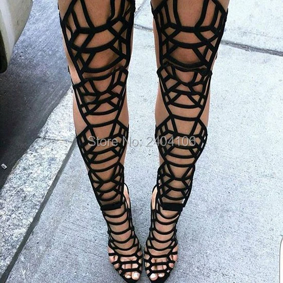 

Black Suede Over The Knee Long Gladiator Sandals Botas Mujer Sexy Thin Heels Cut Outs Buckle Strap Thigh High Boots Summer Shoes