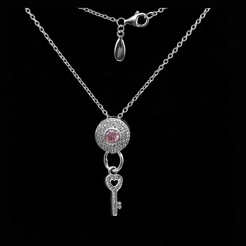 

925 Sterling Silver Pendant Necklace 50CM 70CM Round Crystal Love Key Pendants & Necklaces Women Sterling Silver Jewelry LN144