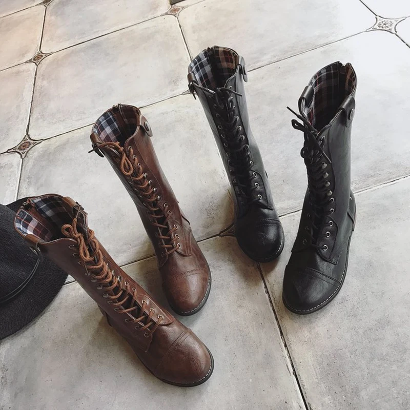 

hot large size leather long botas women cross-tied lace up retro low heel martin bottines brand design motorcycle boots woman