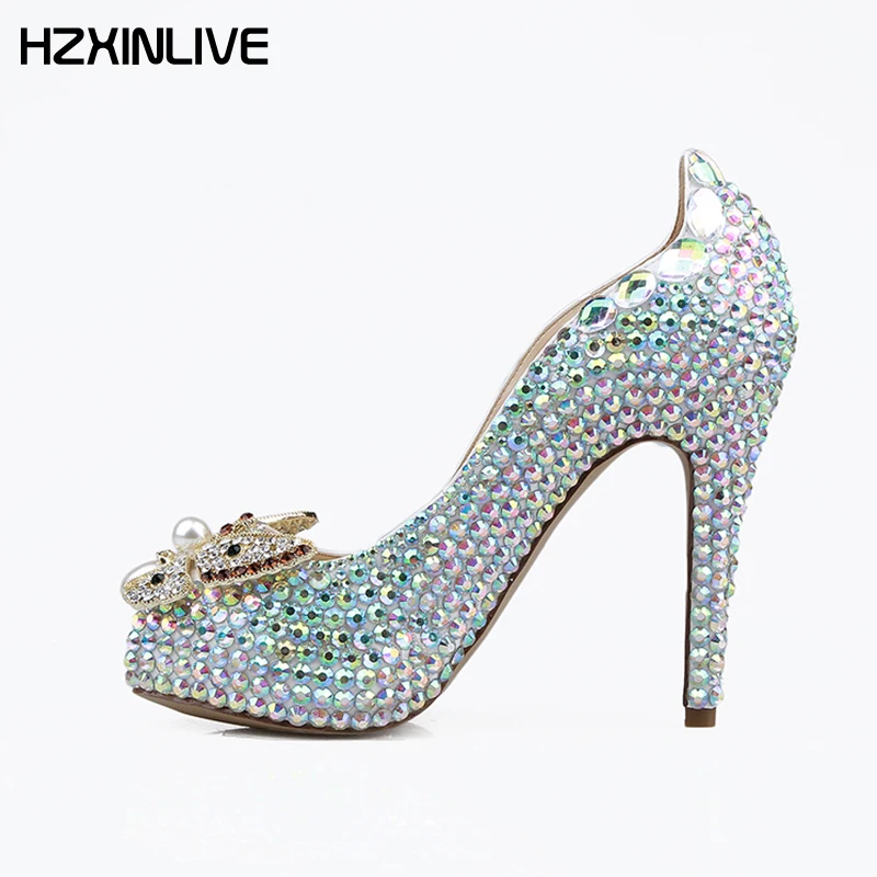

GGOB Handmade Sheepskin Colorful Crystal Wedding Shoes Women Delicate butterfly Peep Toe High Heels Women Pumps 12cm bridal shoe