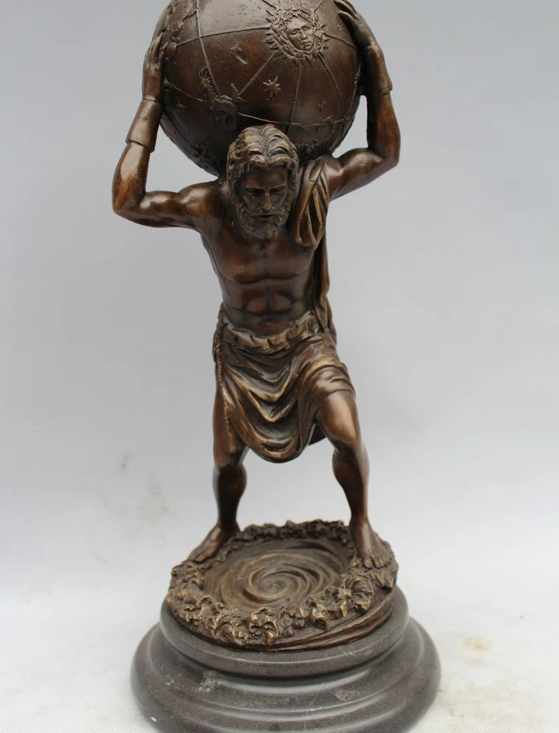 

13" Western ART Pure Bronze Marble Great Men carry the earth Statue Sculpture