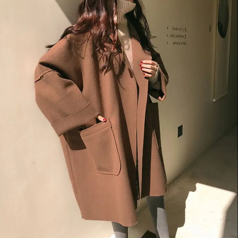 ROPALIA женское осеннее зимнее элегантное пальто средней длины с отворотом, сплошной цвет, свободный шерстяной Повседневный Тренч с длинными рукавами