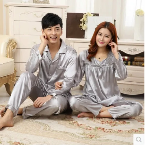 

Couples Pajama Set Love Sleepwear Long sleeve V-Neck Pajamas Luxury Silk Men And Women Silk Satin Pyjamas XXXL