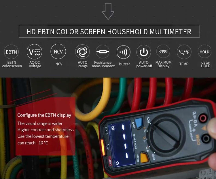 UNI-T 4000 отсчетов Мини цифровой жилой мультиметр EBTN цветной экран дисплей AC/DC напряжение Температура ток/NCV тестер