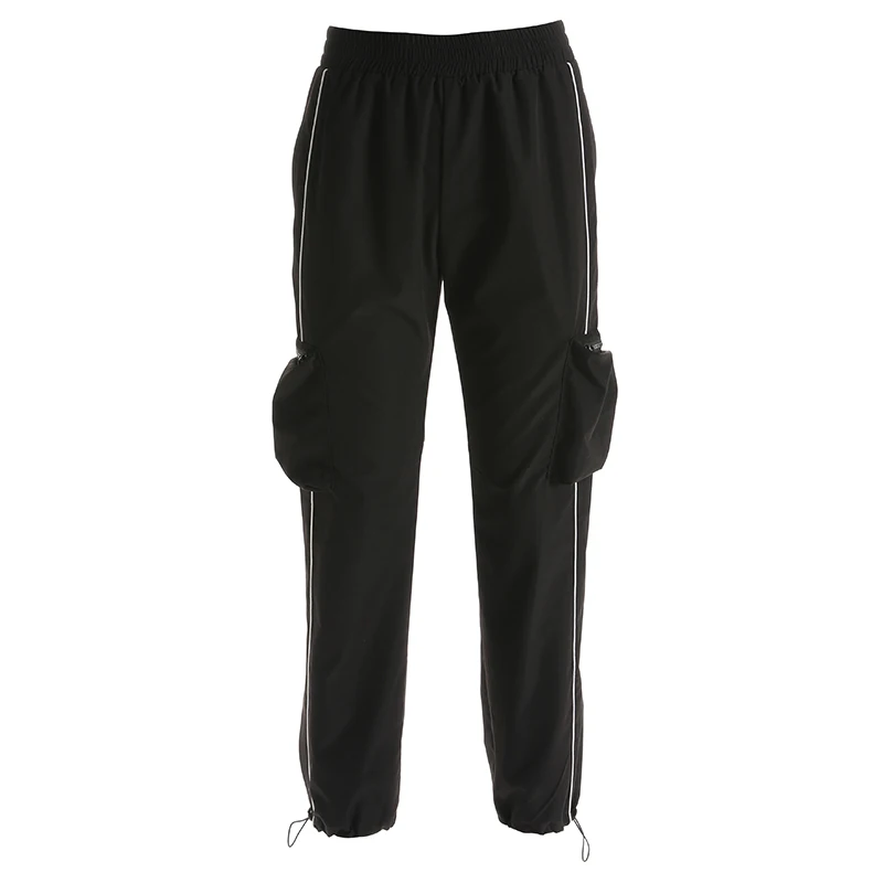 HEYounGIRL Harajuku, повседневные черные брюки-карго, женские полосатые эластичные брюки с высокой талией, Капри, уличная одежда, корейские спортивные штаны для бега