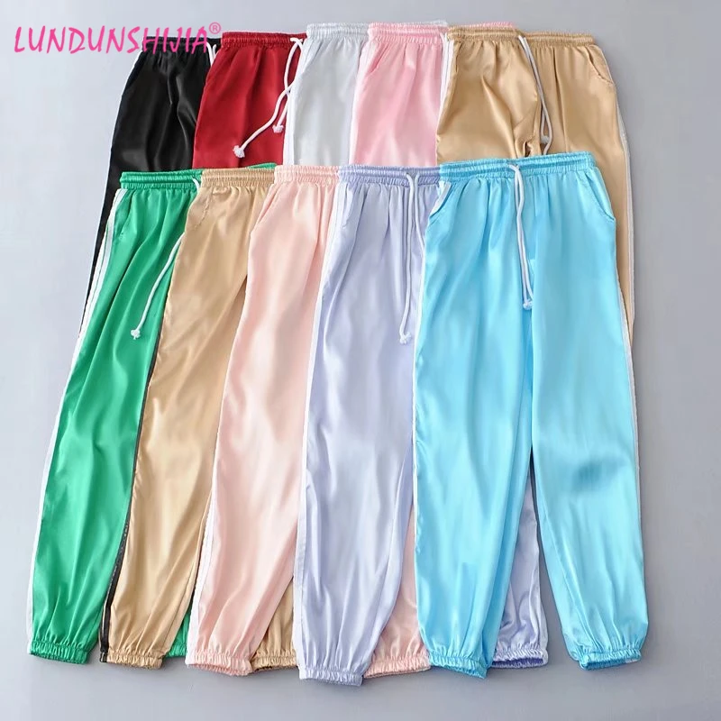

2019 New Spring Autumn Women Satin Harem Pants Multicolor Fashion White Striped Side Closed Comfy Fitness Sweatpants Female