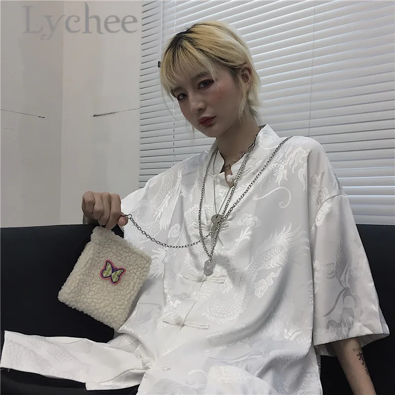 

Lychee Harajuku Dragon Print Female Blouse Shirts Turn Down Collar Solid Color Loose Short Sleeve Blouse Summer Women Shirt