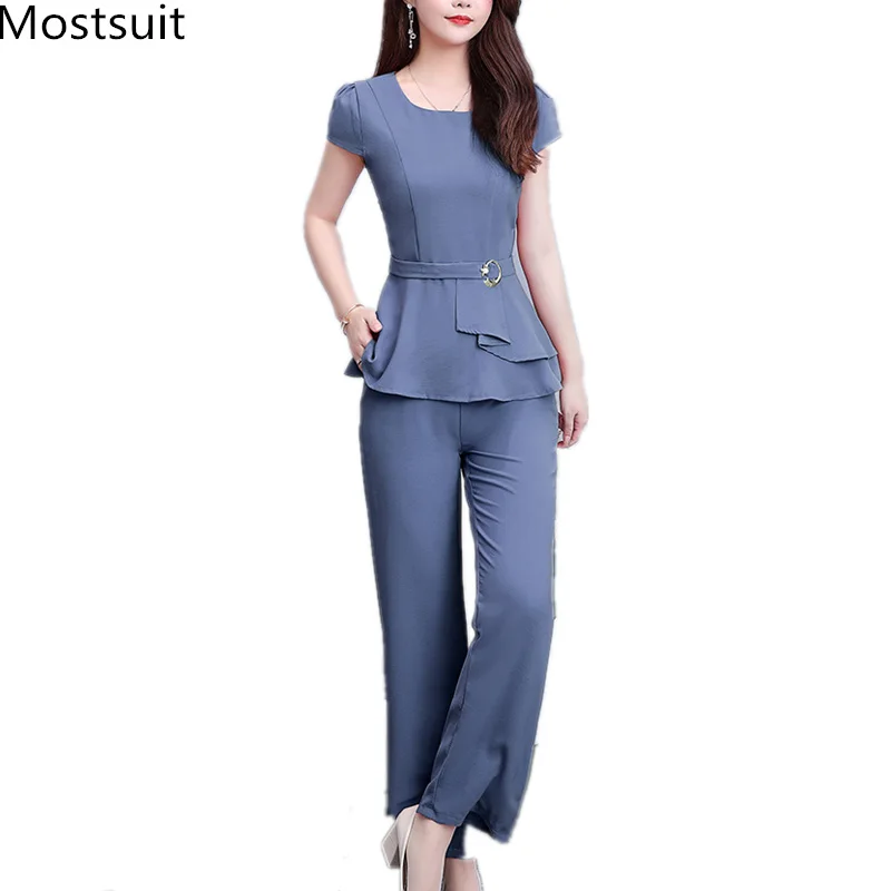 

L-5xl Summer Plus Size Office Two Piece Sets Outfits Women Plus Size Short Sleeve Tunics Tops And Wide Leg Pants Elegant Suits