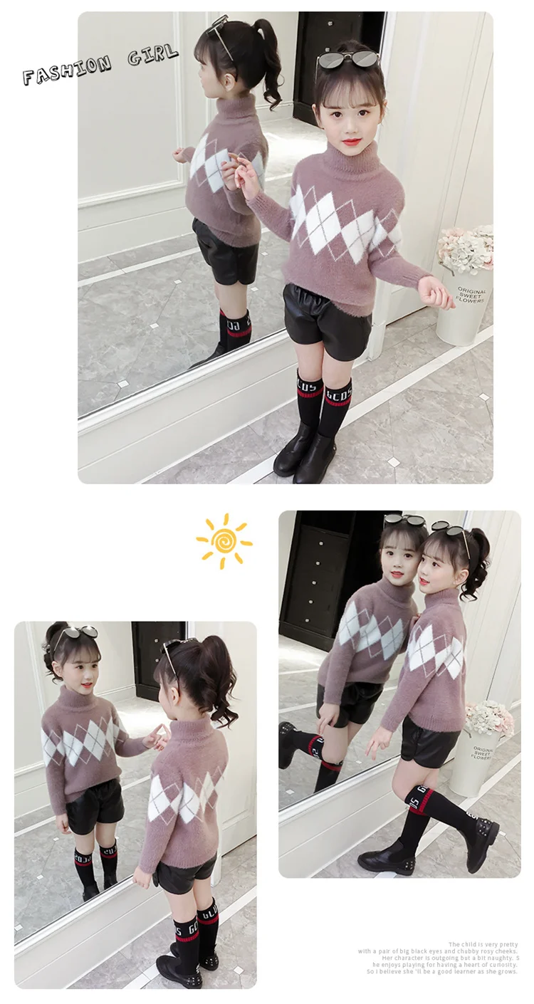 Fashion Autumn Winter Baby Girl Knitted Velvet Sweaters Casual Children Clothes Long Sleeve Turtleneck Thick Sweater 4-15Y