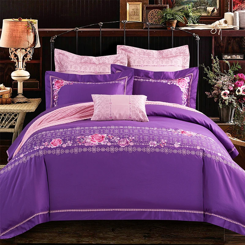 4 шт. queen King size мягкая из египетского хлопка постельный комплект для девочек женские роскошные вышивки цветок комплект постельных