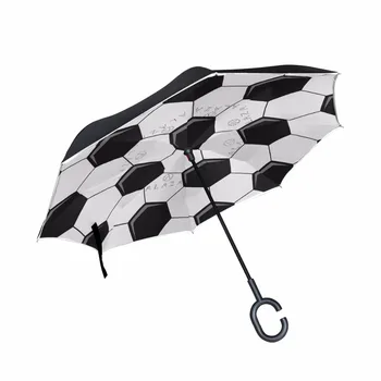 

Soccer Pattern Windproof Reverse Umbrella C-Hook Double Layer Long Shank Inverted Creative Customized Rain Protection Travel